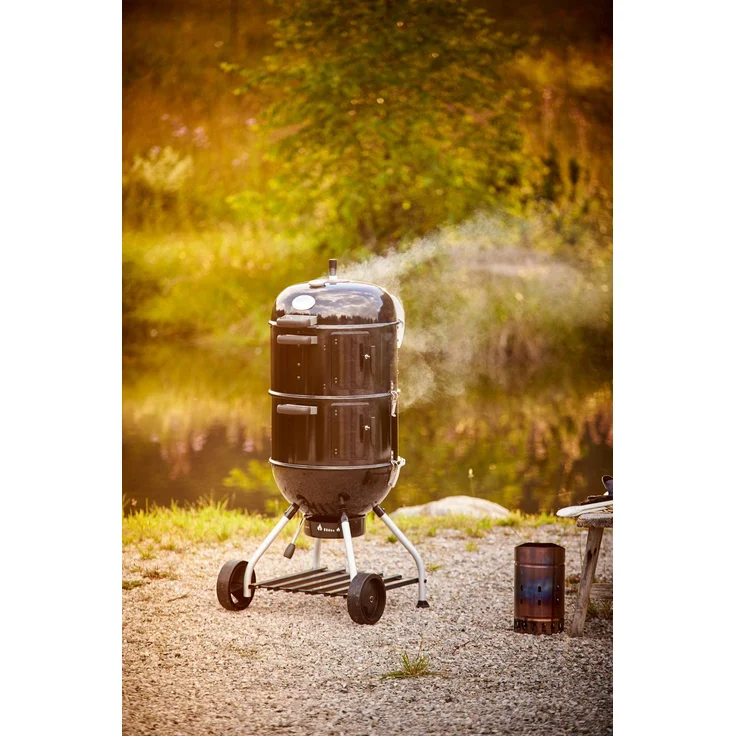 RÖSLE Smoker No. 1 F50-S, Stahl schwarz, 69 x 68 x 136 cm, als Holzkohlegrill verwendbar, Deckelscharnier, integrierter Wasserbehälter (7 l) für gleichbleibende Temperatur – Bild 5