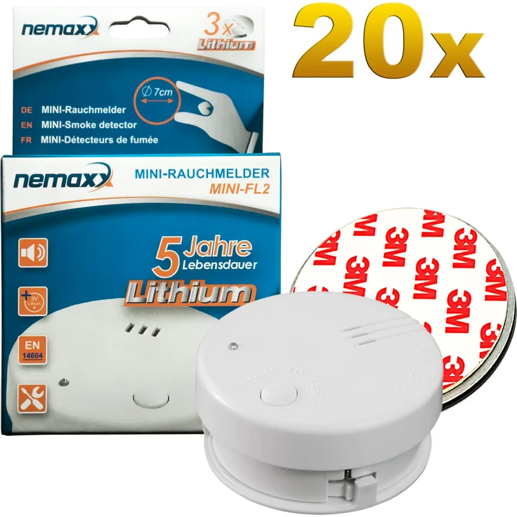 20x Nemaxx Mini-FL2 Rauchmelder - hochwertiger & diskreter Mini Brandmelder Feuermelder Rauchwarnmelder mit Lithium Batterie - nach DIN EN 14604 20x Nemaxx Magnetbefestigung