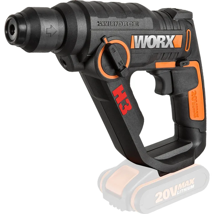 WORX WX390.9 Bohrhammer SDS-Plus 20V Kraftvolle Bohrmaschine mit pneumatischem Hammerwerk & Zweithandgriff - ideal zum Schrauben, Bohren & Hämmern 1,2J Schlagenergie Ohne Akku & Ladegerät