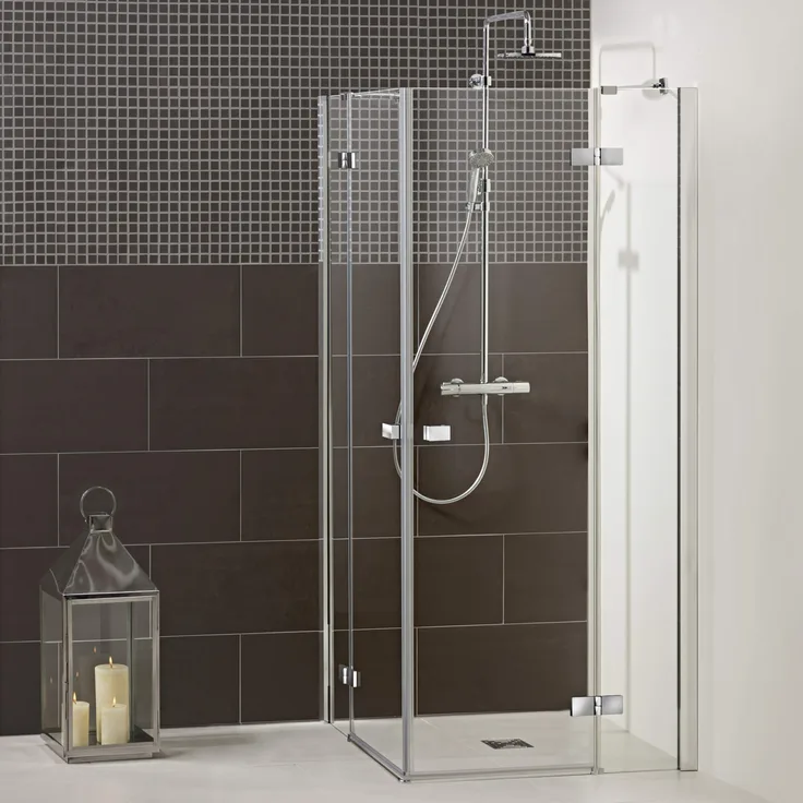 Dusbad Vital 1 Dusche, Eckdusche vierteilig, Drehtür mit Festteil ESG 6mm, Beschlag: rund, Griff: eckig (328-0205-2A)