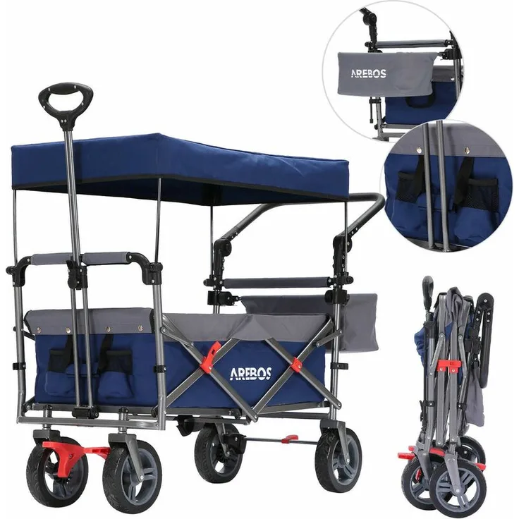 Arebos Bollerwagen Premium faltbar mit Dach Handwagen | Transportwagen | inkl. 3-Punkt Gurtsystem, Tragetasche | klappbar | Vollgummi-Reifen | bis
