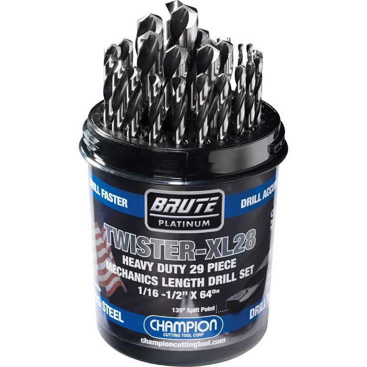 Champion Schneidwerkzeug Brute Platinum, 29-teilig, 1/16–1/2 Zoll x 64theit, HSS-Mechanik-Länge, Spiralbohrer-Set, 135 Grad Split Point, wasserabweisend, hergestellt in den USA