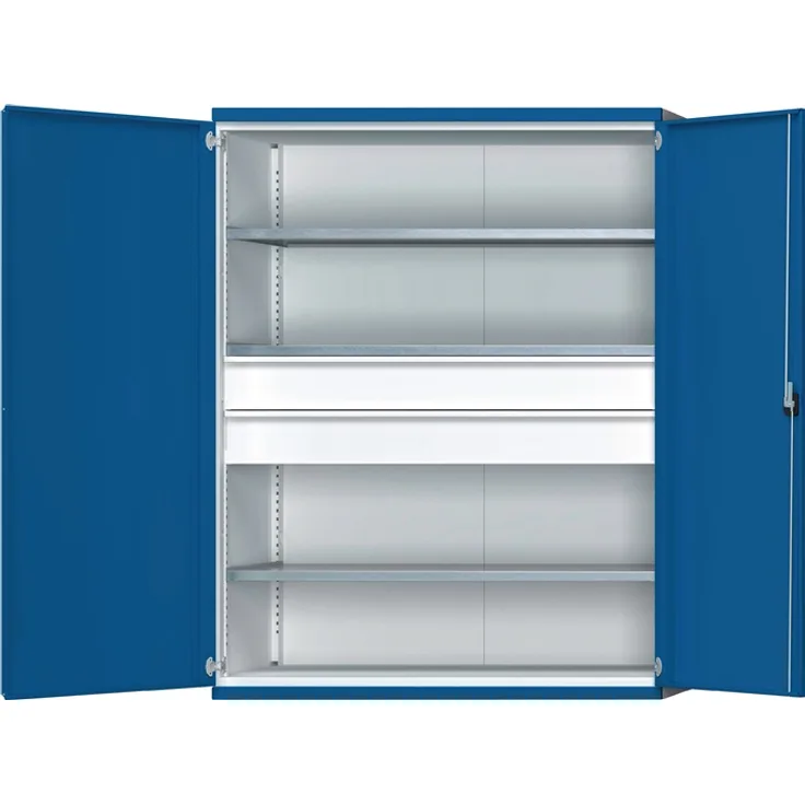 Schwerlastschrank H1950xB1485xT630mm lichtgrau-enzianblau 3 Fbd. 2 x 180mm