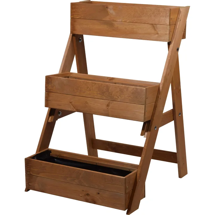 dobar 29420FSC Dreistufige Pflanztreppe für individuelle Gestaltung, Blumenkästen inkl. Pflanzfolie, 60 x 70 x 90 cm, Kiefer, Braun
