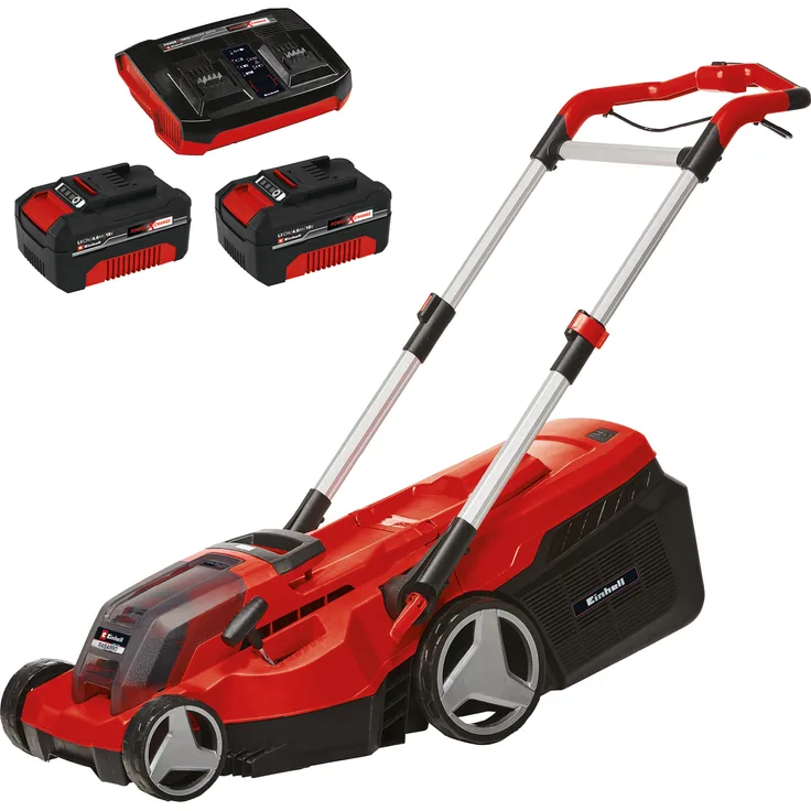 Einhell Akku-Rasenmäher RASARRO Power X-Change - Li-Ion, 36 V, 38 cm Schnittbreite, 6-stufige zentrale Schnitthöhenverstellung, inkl. 2 x 4,0 Ah Akkus + Twincharger, Mulchkeil