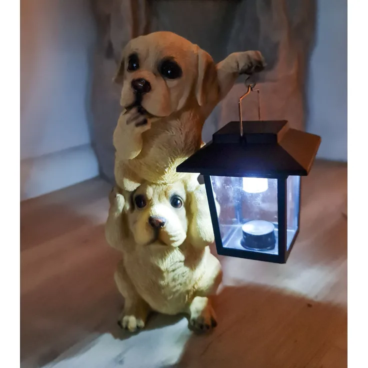 Kremers Schatzkiste - Hundepärchen Turm mit Solarlaterne Figur Gartenfigur 24 cm Tierfigur Hund Labrador