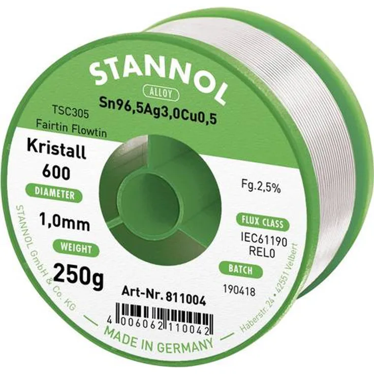 Stannol 811004 FLOWTIN TSC305 Fairtin Kristall 600 Lötdraht, 1mm Durchmesser, 250g Spulen