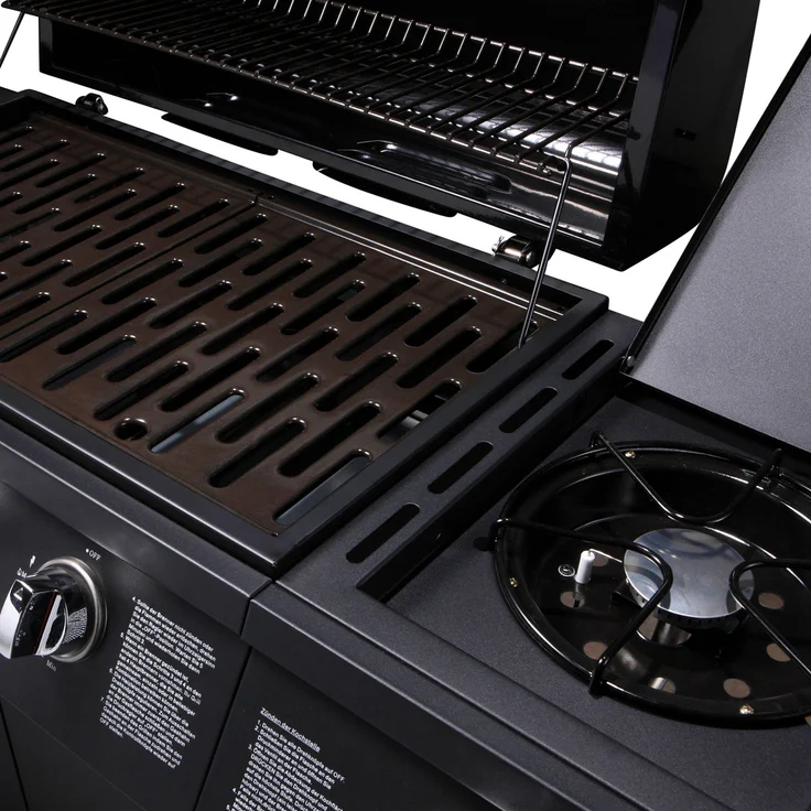 TAINO BASIC 4+1 Gasgrill mit Seitenbrenner Gasgrill 4 Brenner BBQ Grillwagen Edelstahl-Brenner Schwarz Piezozündung 126 x 103 x 50 cm – Bild 10