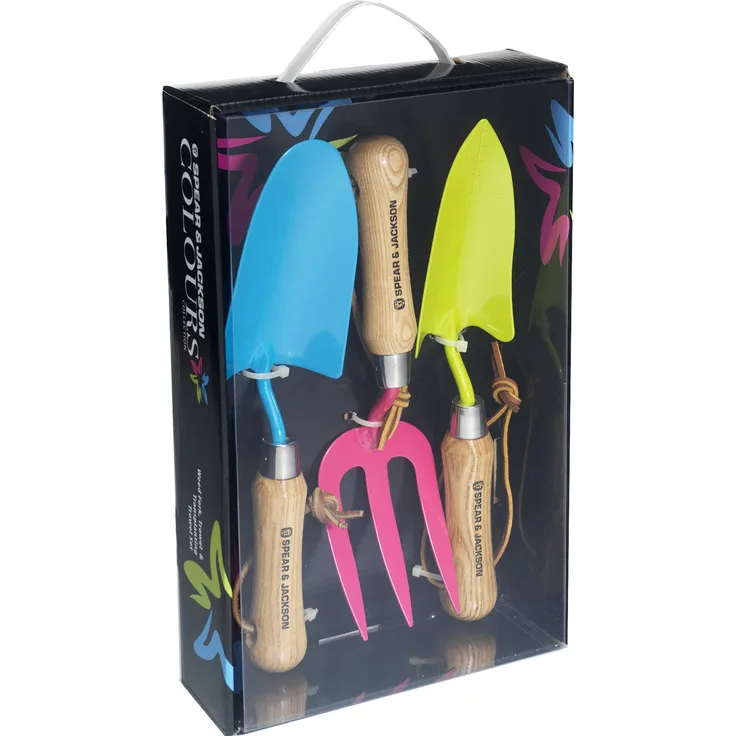 Spear & Jackson Buntes Colours-Set mit Blumenkelle, Unkrautgabel und Pflanzkelle, mehrfarbig