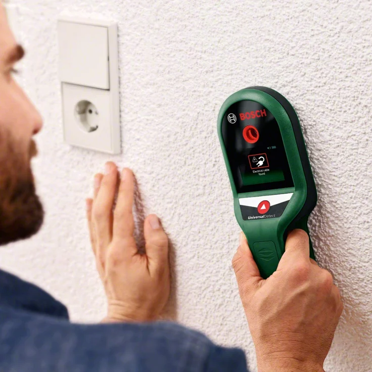 Bosch Ortungsgerät UniversalDetect (für Metall, spannungsführende Kabel und Holzunterkonstruktionen in 100-50-25 mm Erfassungstiefe, Kartoninhalt: Bosch UniversalDetect, 4x 1,5-V Batterien) – Bild 3