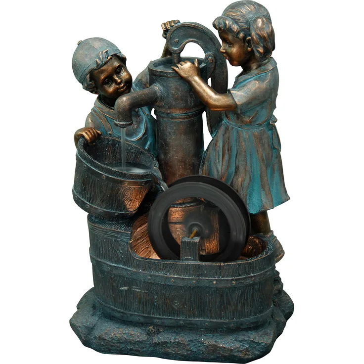 Dehner Gartenbrunnen Lea und Leon mit LED Beleuchtung, ca. 68.5 x 45 x 35 cm, Polyresin, grün/blau/braun