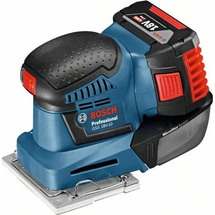 Bosch Professional 18V System Akku Schwingschleifer GSS 18V-10 (inkl. 2x5,0 Ah Akkus + Ladegerät, Schleifpapier, 3x Schleifplatte, Stanzwerkzeug, Schraubendreher, in L-Boxx) – Bild 1