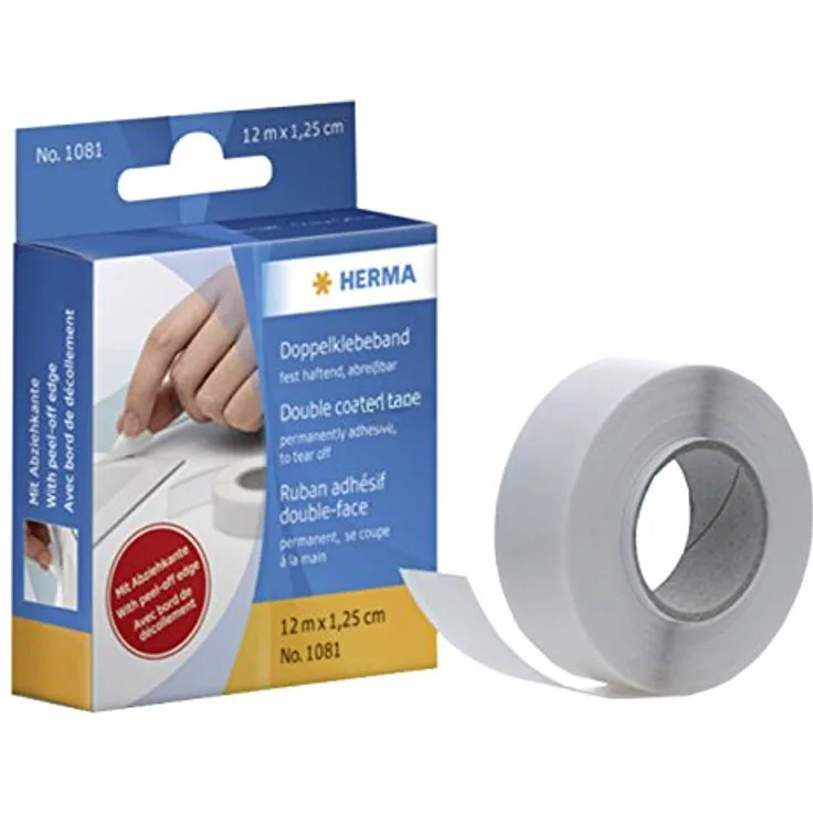 HERMA 1081 Doppelseitiges Klebeband im Spender 12 m x 12 mm, extra stark, permanent haftend, breites zweiseitig selbstklebendes Endlosband, Klebestreifen, Klebepads, 1 Rolle mit Abziehkante