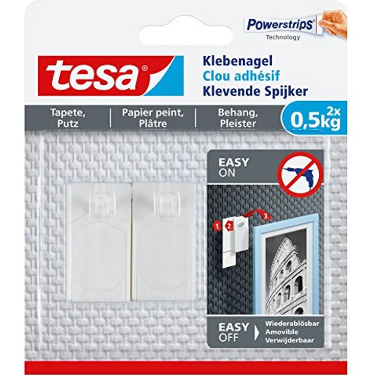 tesa Klebenagel für Tapeten und Putz, 0,5 kg Halteleistung, 2 Stück