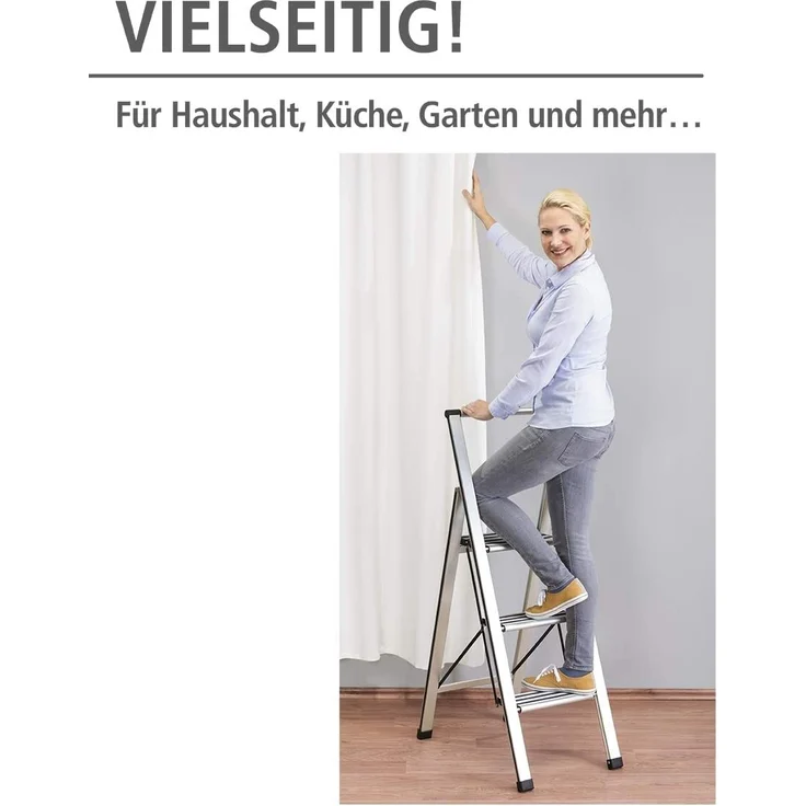 WENKO Leichte Aluminium Trittleiter mit 3 Stufen für 75 cm höheren Stand, rutschsichere XXL-Stufen, Design Klapptrittleiter mit 44 x 127 x 5,5 cm, Süd zertifiziert, matt silber – Bild 2
