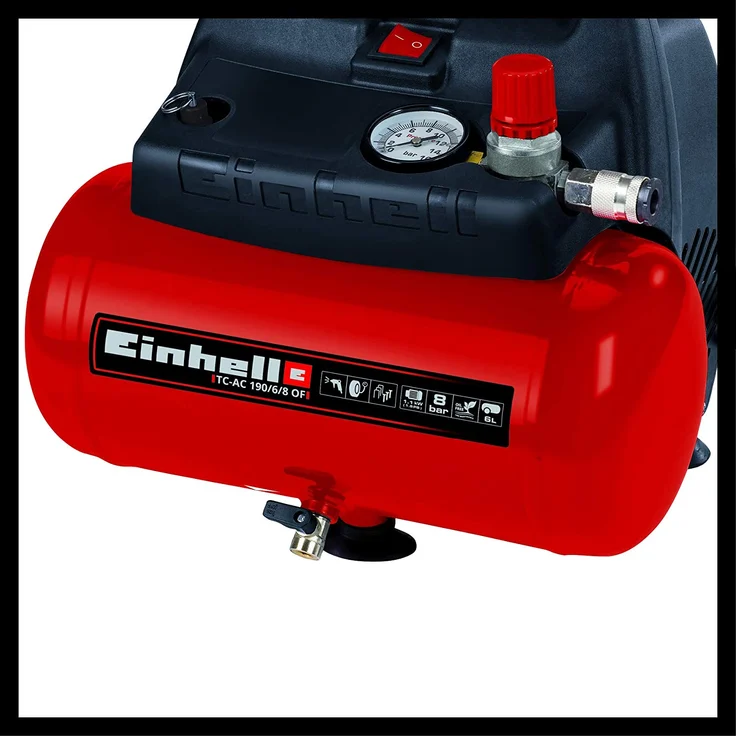 Einhell Kompressor TC-AC 190-6-8 OF ölfrei 1.100 W, max. 8 bar, öl-servicefreier Motor, 6 Liter Drucklufttank, Manometer, Schnellkupplung, Sicherheitsventil, Handgriff – Bild 9