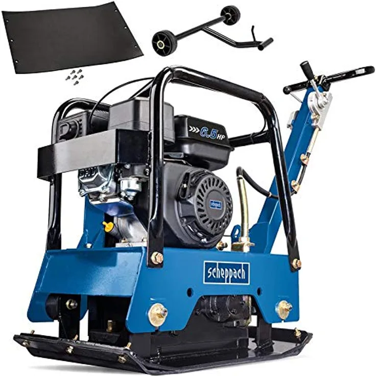 Scheppach HP2500S Benzin-Rüttelplatte - 6,5 PS | Verdichtungstiefe: 40 cm | Vorlaufgeschwindigkeit: 25 m/min | inkl. Gummimatte und Fahrvorrichtung