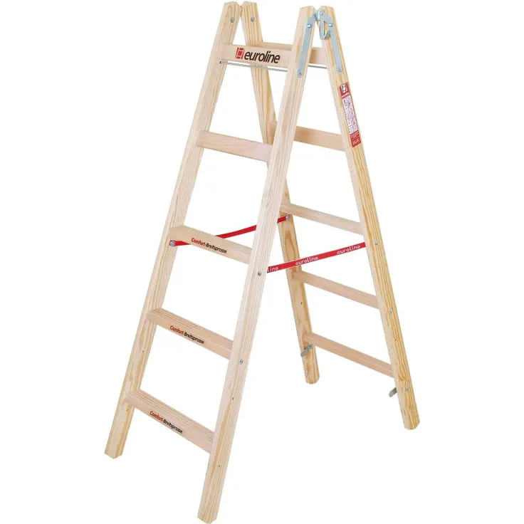 Euroline Holz-Sprossenstehleiter Nr. 10504 2 x 5 Comfort-Breitsprossen