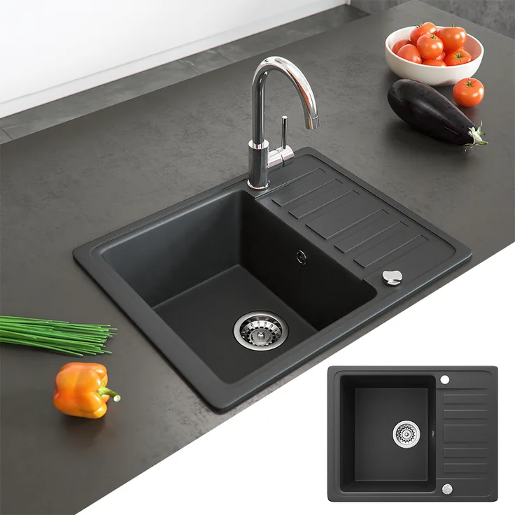 Bergström Spüle Küchenspüle Einbauspüle Spülbecken+Drehexcenter+Siphon Schwarz
