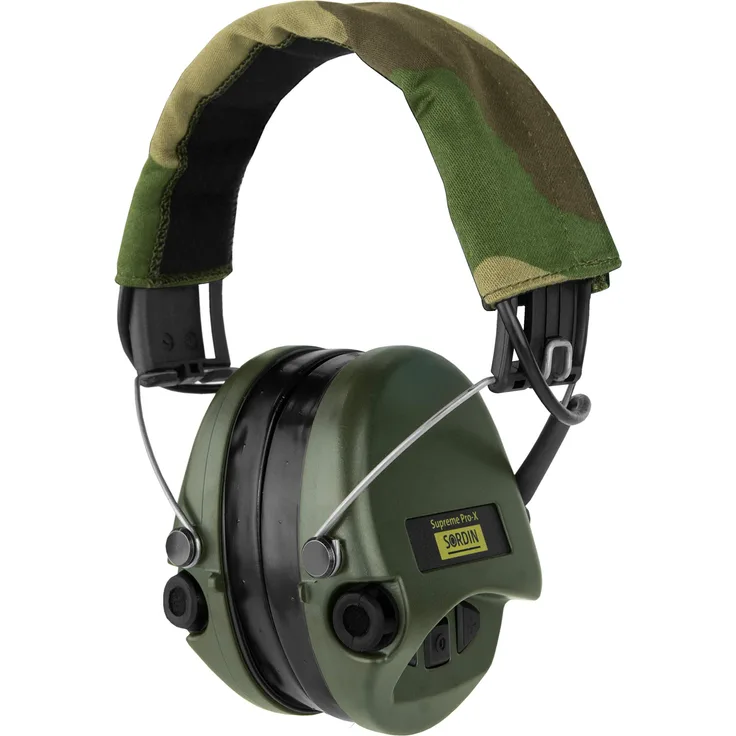 Sordin Supreme PRO X - Aktiver Gehörschutz SOR75302-X-G Elektronischer Gehörschützer inkl. Gel-Kissen Camo-Band Grüne Cups