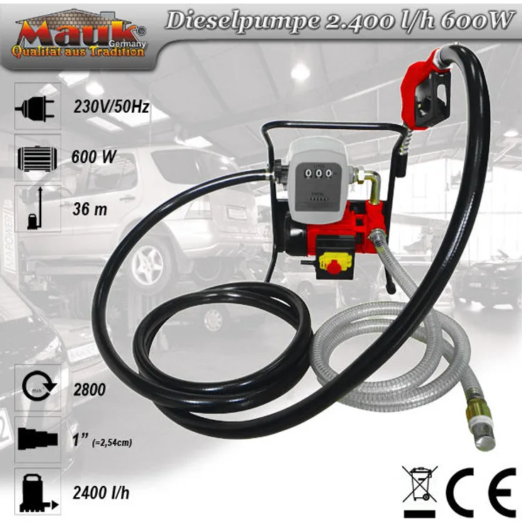 Mauk Heizöl- Dieselpumpe Absaugpumpe Komplett Set mit Zählwerk, Schläuchen und Zapfpistole - 600 W, 2400 l-h