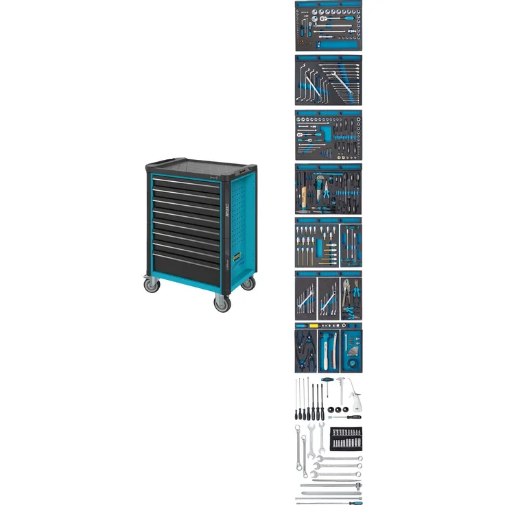 Hazet Werkstattwagen Assistent Schubladen flach: 7 x 77 x 522 x 398 mm Schubladen hoch: 1 x 162 x 522 x 398 mm Anzahl Werkzeuge: 296 (179N-8-2700/296)