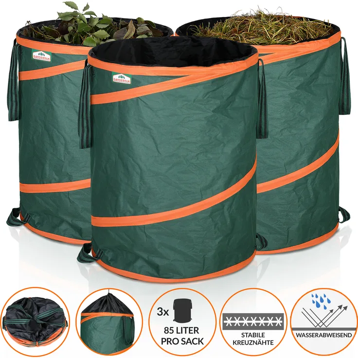 Gardebruk Gartensack Pop up 3x 85 Liter = 255 Liter | verstärkende Spiralfeder | doppelte Kreuznähte | Gartenabfallsack Laubsack
