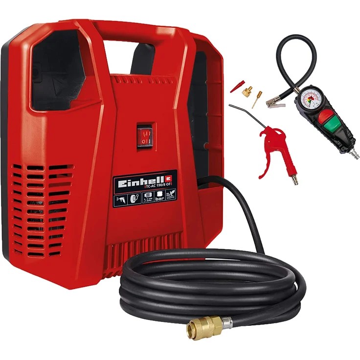 Einhell Kompressoren-Set TC-AC 190-8 OF ölfrei Set 1.100 W, max. 8 bar, 3 m Druckluftschlauch mit Schnellkupplung, inkl. Ausblaspistole, Reifenfüllmesser und 3-tlg. Adapter-Set – Bild 1