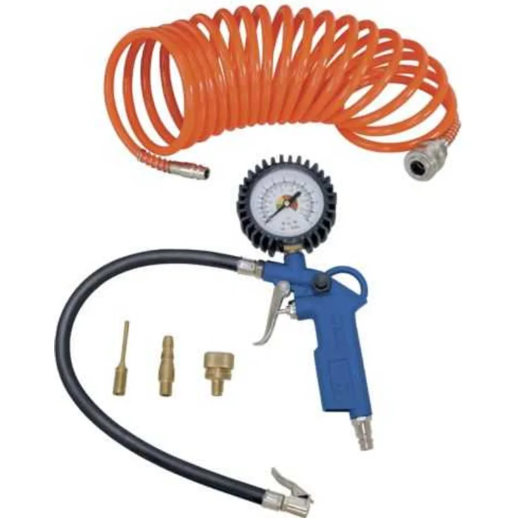 Scheppach Druckluft Set 5-teilig (Kompressor Set, Reifenfüllmessgerät, Luft-Ablassventil, 5m Spiralschlauch, 3 Aufsatzdüsen)