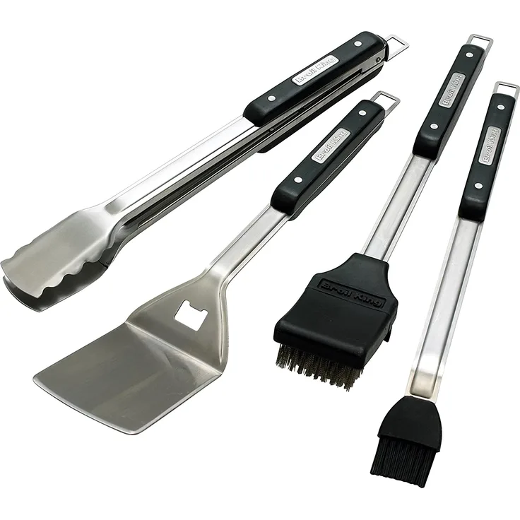 Broil King Grillbesteckset 2 Teilig Grillzange Grillwender Grillbürste Marinierpinsel mit Silikonborsten schwarz silber