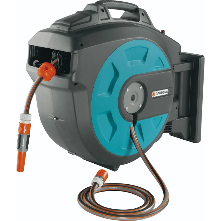 GARDENA Comfort Wand-Schlauchbox 25 roll-up automatic: Schwenkbare Schlauchtrommel, 25 m GARDENA Qualitätsschlauch, kurze Arretierstops, inkl. Wandhalterung, Systemteilen und Spritze (8023-20) - Preisvergleich – Bild 1