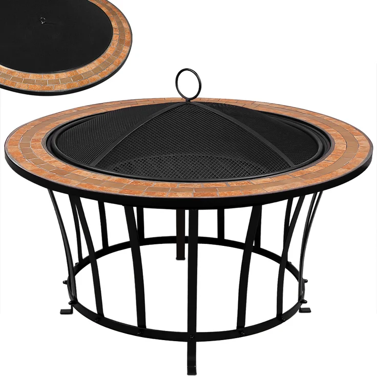 Deuba Feuerstelle Mosaik Fuego rund 76cm Feuerrost Funkenfluggitter Abdeckung Feuerschale Feuerkorb Steinoptik – Bild 1