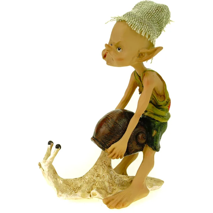 Gib her! Pixie versucht Haus von Schnecke zu ziehen 13 cm Figur Kobold Fee Fabelwesen