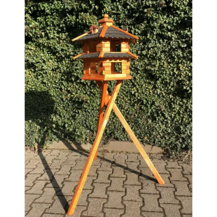 Darlux Vogelvilla XL Futterstelle Sechseck Doppelstock Vogelhaus +Ständer Braun-Schwarz