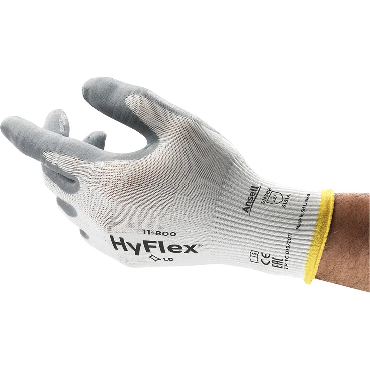Ansell HyFlex 11-800 Arbeitshandschuhe, Industrie und Mechaniker-Handschuh mit verbesserter Griff- und Komforttechnologie, Weiß Grau Größe 10 (12 Paar)