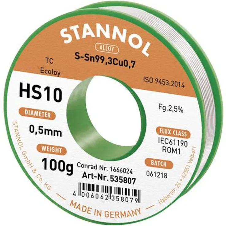 Stannol HS10 2,5% 0,5MM SN99,3CU0,7 CD 100G Lötzinn, bleifrei bleifrei, Spule Sn99.3Cu0.7 100g 0.5mm
