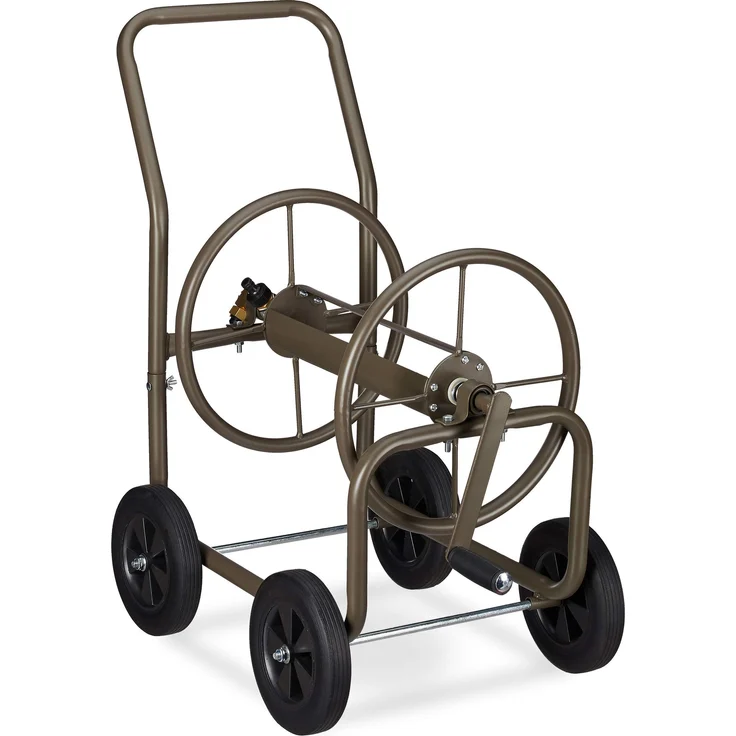 Relaxdays Schlauchwagen XL, fahrbare Schlauchtrommel Metall, 2x 3-4 Anschlüsse, für 60m Schlauch, 90° Abrollen, braun – Bild 1