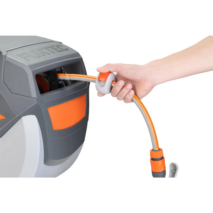 FUXTEC Wasserschlauchaufroller FX-WSA20 20 m Aufroll-Automatik, 180° schwenkbar grau, orange – Bild 4