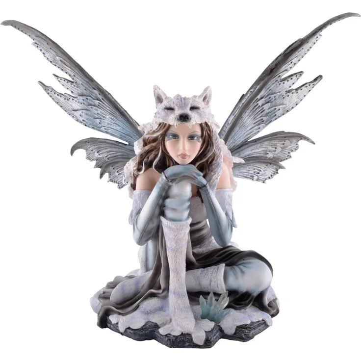 Wolfsfee Lupa sitzt im Schnee Figur Fee Elfe Fairy Feenfigur Feenfiguren Winter Wölfe