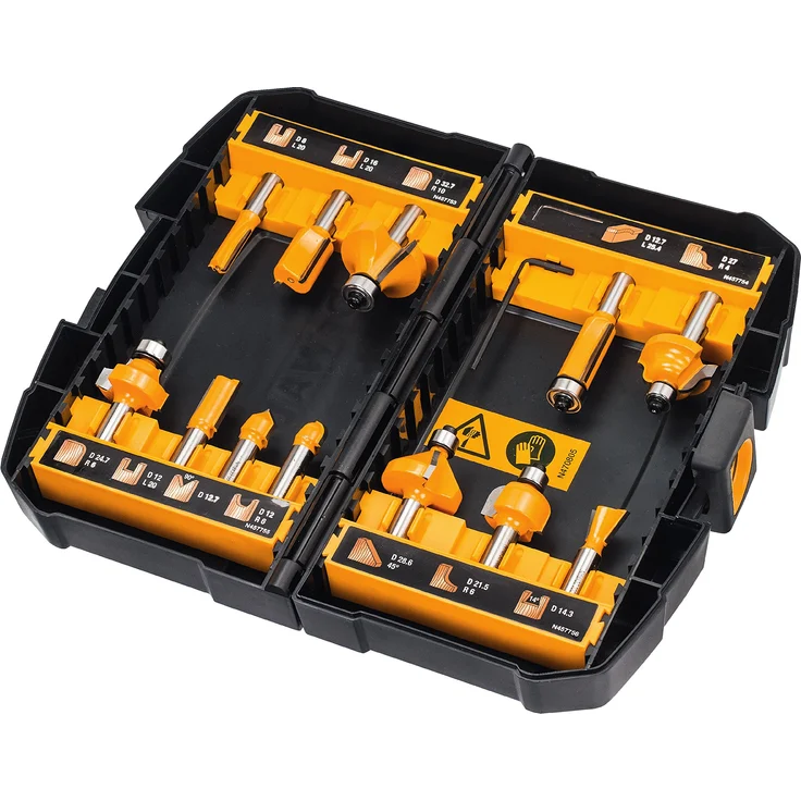 DeWalt 12-tlg. Hartmetall Fräser-Set (mit Anti Kickback Design, Premium Stahlkörper, HM Schneidplatten und austauschbarem Kugellager, inkl. Box) DT90016 - Preisvergleich – Bild 1