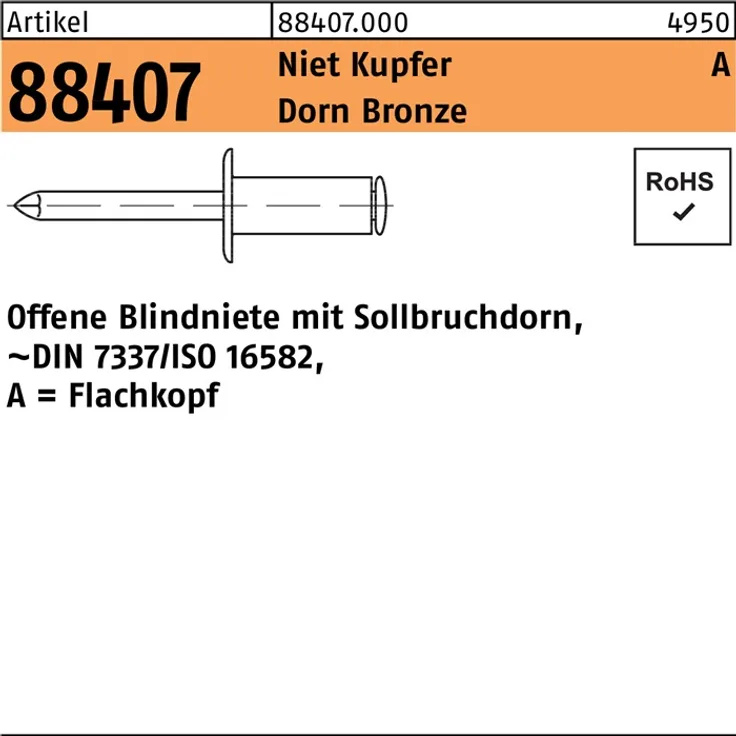 DIVERSE Blindniete R 88407 Flachkopf 4 x 8 Niet Kupfer-Dorn Bronze