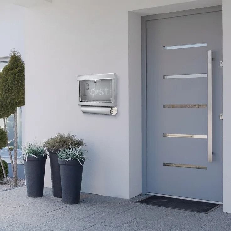 Grafner Briefkasten mit Zeitungsrolle aus Edelstahl und Glas Motiv Post 