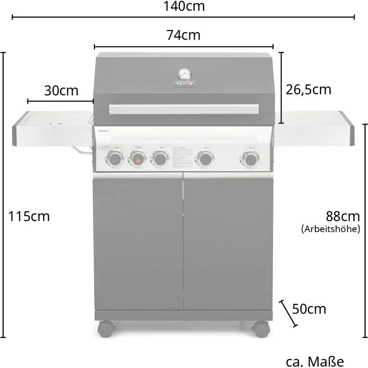 TAINO BLACK 4+1 93584 Gasgrill mit Seitenbrenner Gasgrill 4 Brenner Standgrill Matt Schwarz – Bild 3