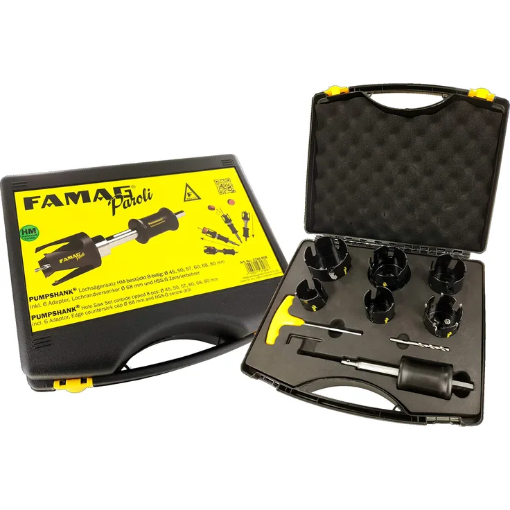 Famag 8 teilig HM Paroli Lochsägensatz,45,50,57,60,68 und 80mm +Pumpshank