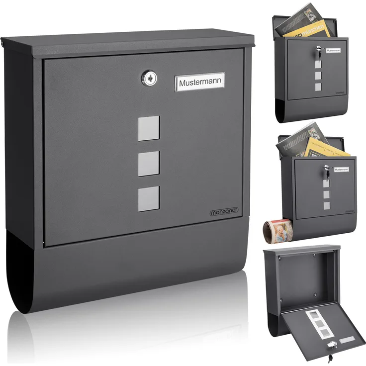 Monzana Design Briefkasten Stahl mit Zeitungsfach Sichtfenster 2 Schlüssel Namensschild Wandbriefkasten anthrazit