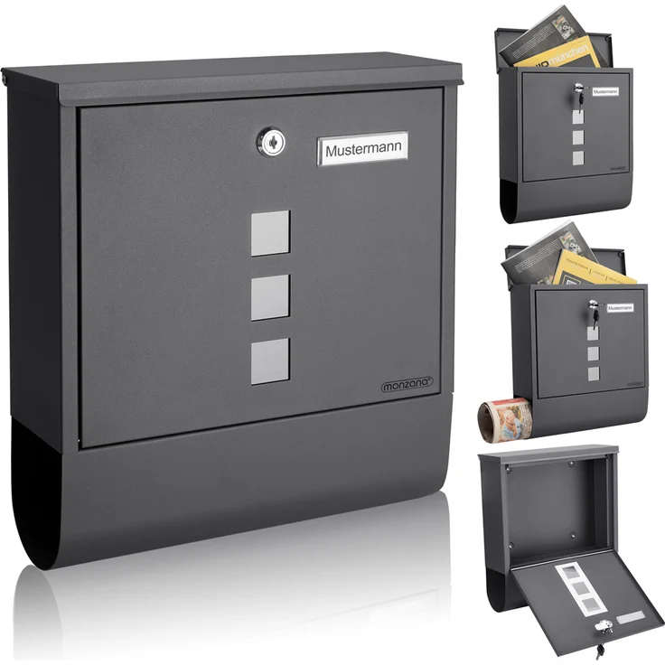 Monzana Design Briefkasten Stahl mit Zeitungsfach Sichtfenster 2 Schlüssel Namensschild Wandbriefkasten anthrazit – Bild 1