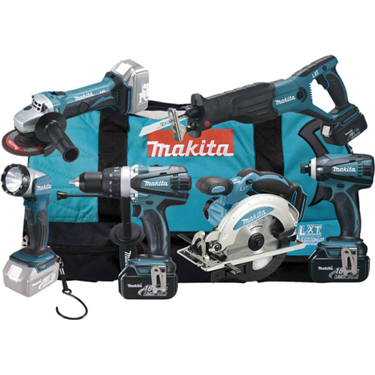 Makita DLX6011 Akku-Maschinen-Set 18V Handkreissäge, Winkelschleifer, Reciprosäge, Schlagbohrschrauber, Schlagschrauber, Lampe