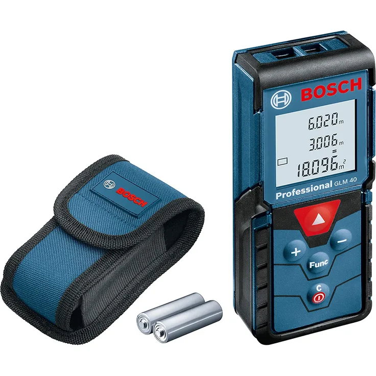 Bosch Professional Laser Entfernungsmesser GLM 40 (Flächen--Volumenberechnung, max. Messbereich: 40 m, 2x 1,5-V Batterien, Schutztasche)