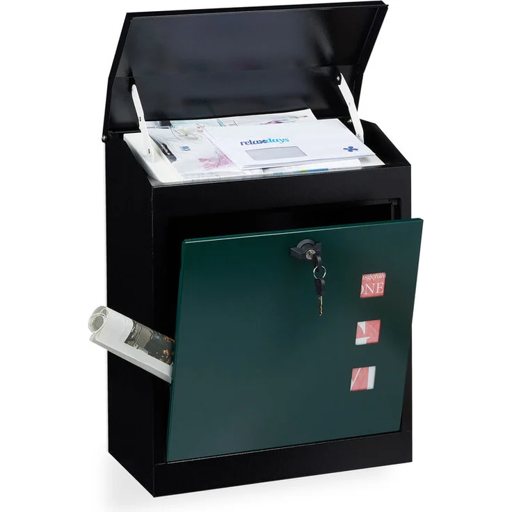 Relaxdays - Briefkasten groß, Stahl, Sicherheits-Klappe, Schloss, HxBxT: 53 x 43,5 x 26 cm, Wandbriefkasten, Schwarz-Grün