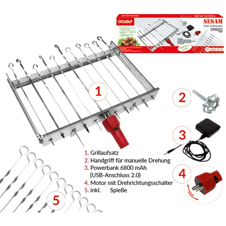 Mangal Schaschlik Spießdreher Edelstahl Sesam für 11 Spieße Motor Powerbank USB Spieße
